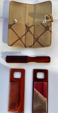 Vtg 50s-60s Travel Grooming Set Faux Tortoise Shell Comb, Brush Mirror & Case picture
