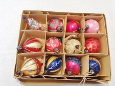 12 VTG Glass Hand Blown Christmas Ornaments Poland Fantasia Box Teardrop Round picture