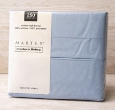Vintage Martex Twin Flat Sheet Blue Cotton Blend Fabric 250CT Sewing Craft picture