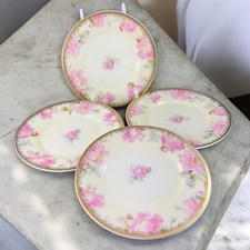 Antique Silesia Porcelain Ceramic Round Dish Plate Hand Painted Floral Gold Set4 picture