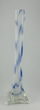 Vintage Tall Bud Vase Murano Style White Wispy Blue Cased Glass Swirl EUC        picture