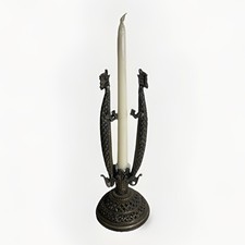 Antique Beautiful Double Dragon Pewter Candle Stick Holder Extremely Rare & Epic picture