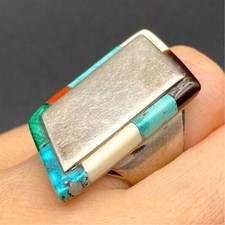 Vintage Navajo Native Shades of the West Turquoise Coral Silver Ring Size 5 picture