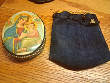 Victorian 900 silver antique Madonna trinket box religious.   find with og bag picture