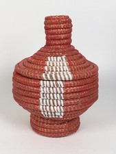 African Cattail Reed Basket Hand Woven Recycled Plastic Red White Lidded 6.5” picture
