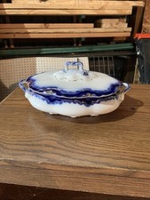Vintage J&G.Meakin Flow Blue Tureen w Lid Gold Trim 10” As Is,See Pics For Flaws picture