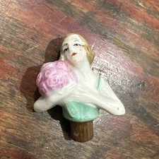 Antique Art Deco Porcelain Half Doll Lady Bottle Stopper Bouquet 1920s Germany picture