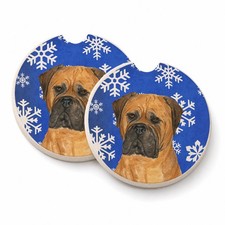 Caroline's Treasures Bullmastiff Winter Snowflakes Set 2 Cup Holder Car Coasters picture