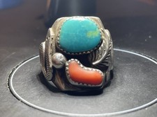 Vintage Navajo Old Pawn Snake Ring 16.4g Blue Turquoise Green Coral Size 10.5 picture