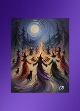 Witches Circle the Bonfire | ACEO Art Card | Halloween Hollow Print picture