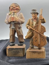 Vintage ANRI Italy Hand Carved Wood Musicians Pair Clarinet Bass 1950s 60s picture
