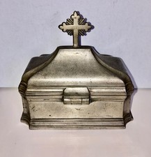 Rare 1700s French Liturgical Pewter Coffret Holy Oils Casket Box Radiating Cross picture