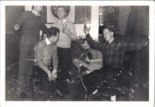 Vtg B&W Snapshot Men Drinking Beer Singing Pub Plaid Shirt 1950s picture