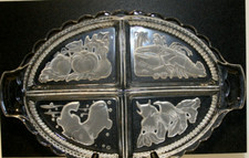 Divided Glass Relish Tray Heavily Etched Frosted Oval Crudite Serving Plate Dish picture