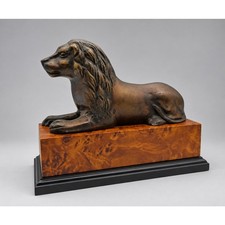 San Pacific Brass Lion Sculpture Faux Burl Wood Base Korea 9.5