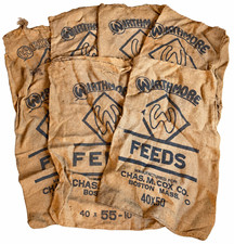 Lot of 7 Vintage Wirthmore Feeds Burlap Feed Sacks Chas M Cox Boston Farmhouse picture