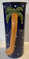 Glazed Pottery Pitcher/Vase Blue With Polka Dots Palm Tree Handle 9” 40 Oz *Read picture