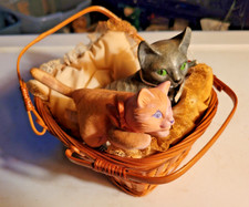 Vintage Wicker Basket with 2 Kittens-Kitty Surprise 1993+Ceramic with Green Eyes picture