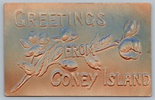 c1910 Greetings From Coney Island New York Airbrush Embossed Antique Postcard C6 picture