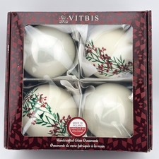 Vitbis Poland Glass Christmas Ornaments White Holly Berry Glitter Green Red 3.5” picture