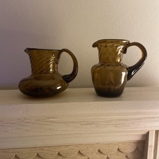 2 Hand Blown Vintage Amber Swirl Miniature Pitcher Creamer Vintage Set picture