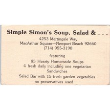 Simple Simon's Soup MacArthur Square Newport Beach Vintage Business Card SD8-B6 picture