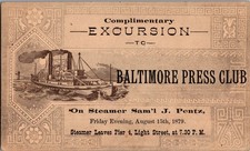 1879 Baltimore Press Club Excursion Ticket Steamer Samuel J Pentz Maryland picture
