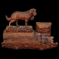 Antique 19thC Black Forest Schwarzwald Carved Wood St Bernard Dog Inkwell picture