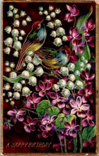 Postcard Happy Birthday Greetings Red & Blue Birds Inside a Floral Bouquet J-124 picture
