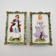 Set Of 2 Enesco 3D Bisque Porcelain Wall Plaques Colonial Lady Gentleman  VTG  picture