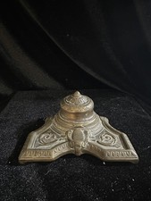 Antique Cast Brass Triangular Inkwell Ram Head Hinged Lid No Glass Insert picture