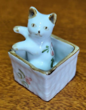 Vtg Porcelain White Cat Kitten In Basket Hand Painted Flowers MINIATURE Figurine picture