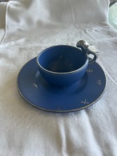 Emilia Castillo cup & saucer blue ceramic w/silver inlay and bird handle picture