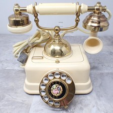 Vintage ITT Rotary Telephone Cream Gold Tone Desk Phone European Plug Decor picture