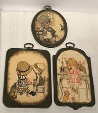 3 Vintage 1970’s Holly Hobbie Girls Type Wooden Wall Plaques  picture