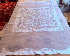 Viintage Handmade Madiera Applique Square Linen Tablecloth w/ Shaped Edges  B353 picture
