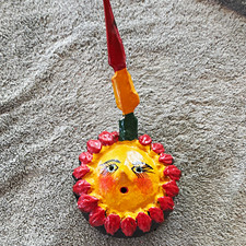 Vintage Mexican Folk Art Hand Painted Coconut Shell Sun Face picture