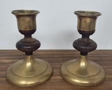 Vintage Pair of MCM Teak Wood & Brass Candle Stick Holders Tapered 3.5