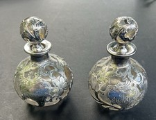 Antique Alvin .999 Fine Silver Overlay Perfume Bottles - Art Nouveau Pair picture