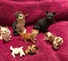 Lot of Mini Porcelain Cat Figurines Mixed Styles w/ 2 Hanging Cat Ornaments picture