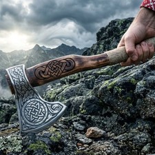 Engraved Celtic Axe Handcrafted Birch Wood Handle Intricate Viking Carved Design picture
