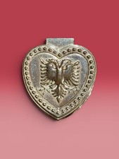 Vintage Albanian Double Headed Eagle Heart Jewelry Trinket Box Silver Tone picture