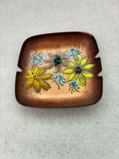 Vtg. MCM Enamel on Copper Trinket Dish Ashtray Floral Daisy Signed Prima 804 SA picture