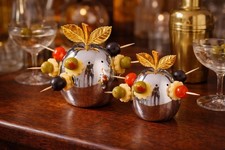 Vintage Quist Party Apple Cocktail Pick Holder Stainless Steel Gold Leaves picture