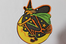 Vintage - Flying Witch - Broom - Moon Embossed Halloween - USA - Luhrs Beistle picture