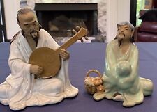 Vintage Shiwan Porcelain Chinese Mud Men (Two) 6” Playing Instrument, 5” Sitting picture