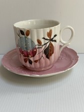 ANTQ 1890s VICTORIAN PINK RIBBED LUSTERWARE COLLECTIBLE CUP AND SAUCER UNMARK picture