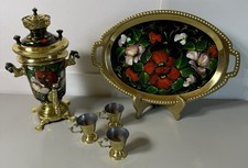 Vtg Small Russian Zhostovo Style Hand Painted Samovar, Tray, 3 Cups Tea SET picture