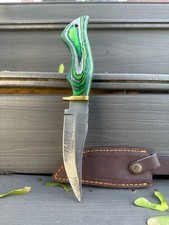 HANDMADE DAMASCUS STEEL SKINNING KNIFE GREEN  WOOD BRASS GUARD HUNTING OUTDOOR picture
