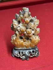 Vintage Chinese Carved Soapstone Peony Flower Sculpture on Stand Small Figurine picture